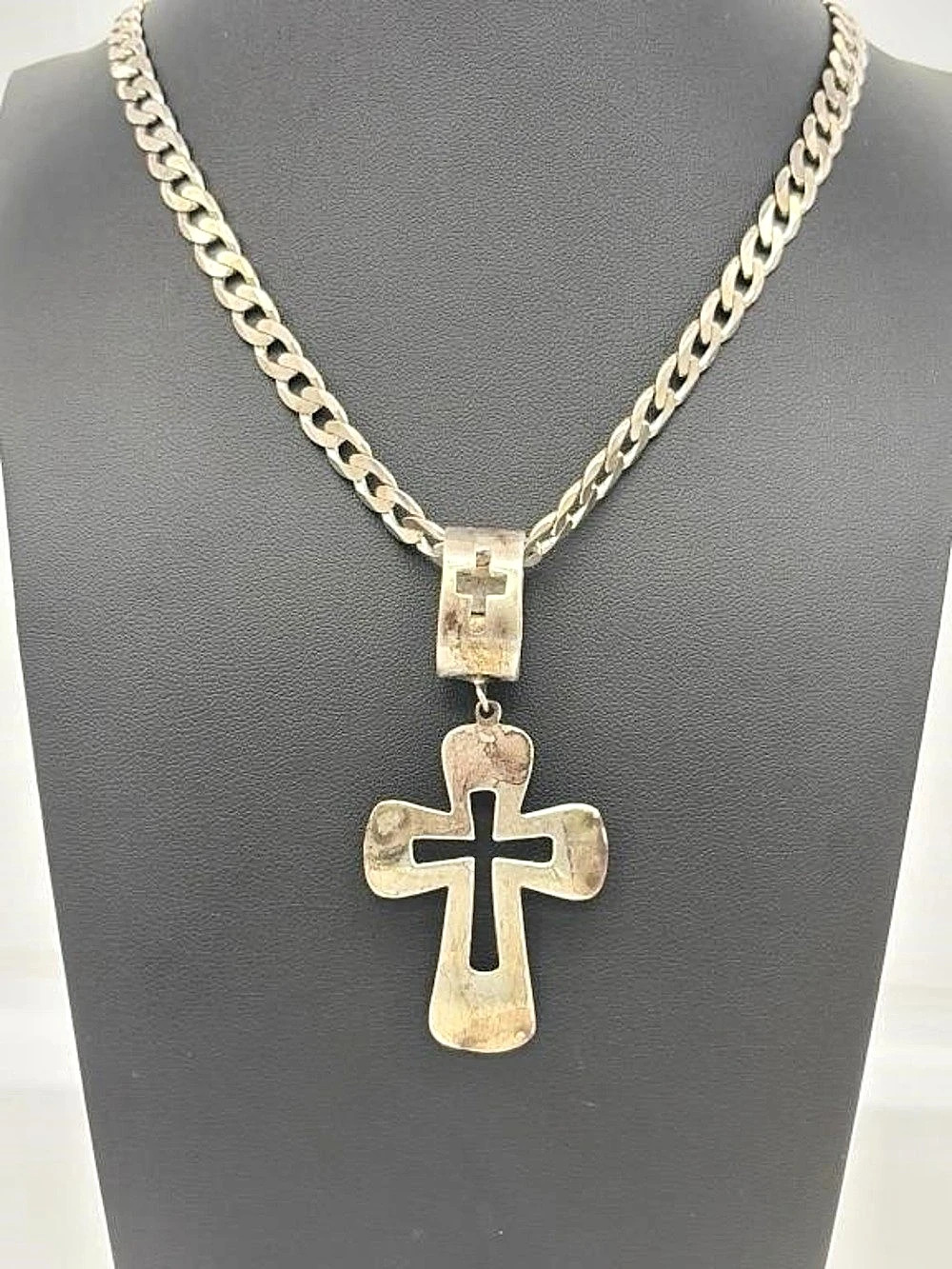 Large 925 Sterling Cutout Cross Necklace Thailand 20โ Italy Curb Chain 41g